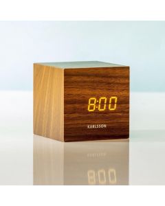 Wekker mini cube donker hout fineer wit led